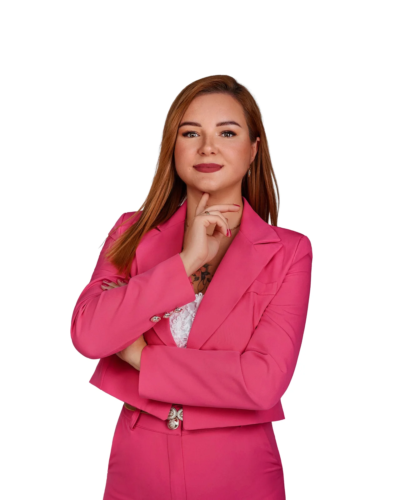 Malwina Szydełko w różowym garniturze